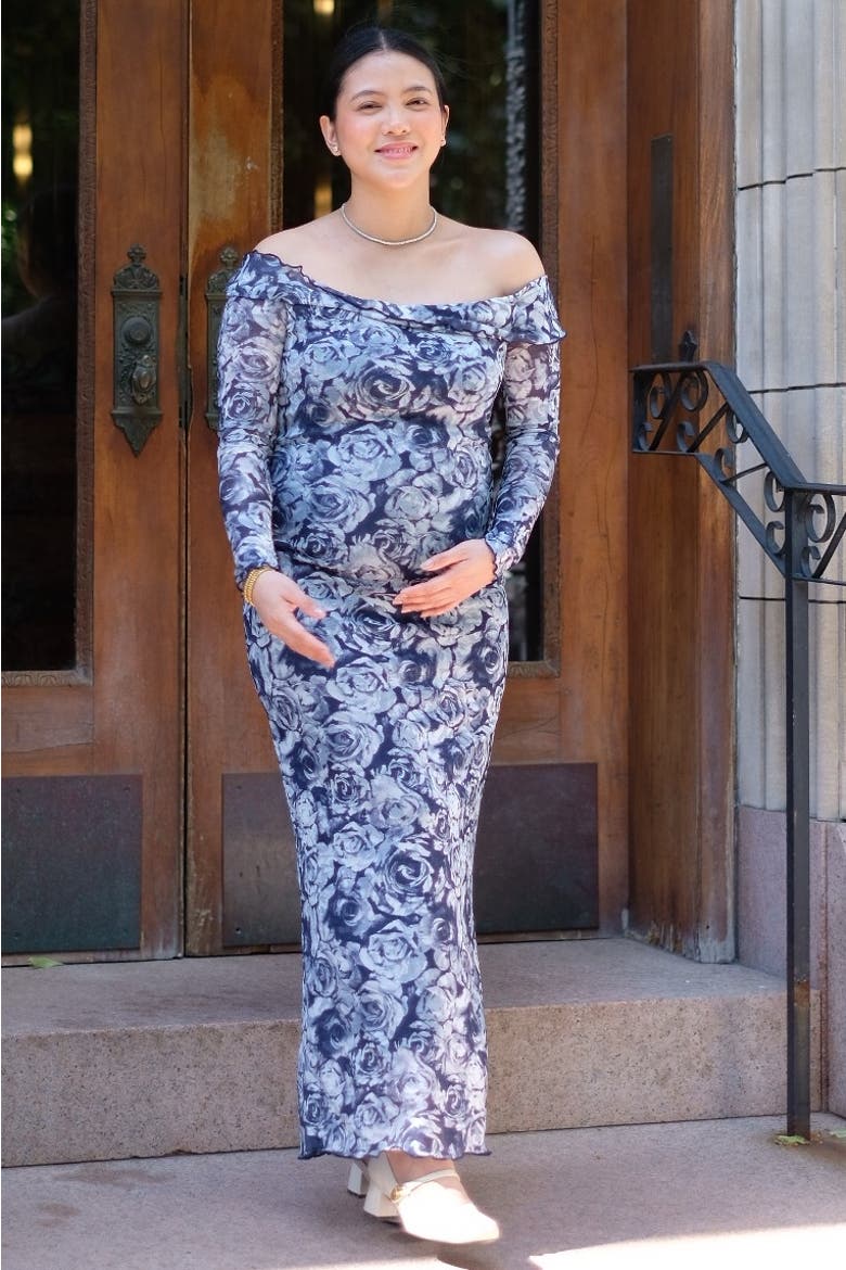 Floral Off Shoulder Mesh Knit Midi Dress, Alternate, color, Navy Blue