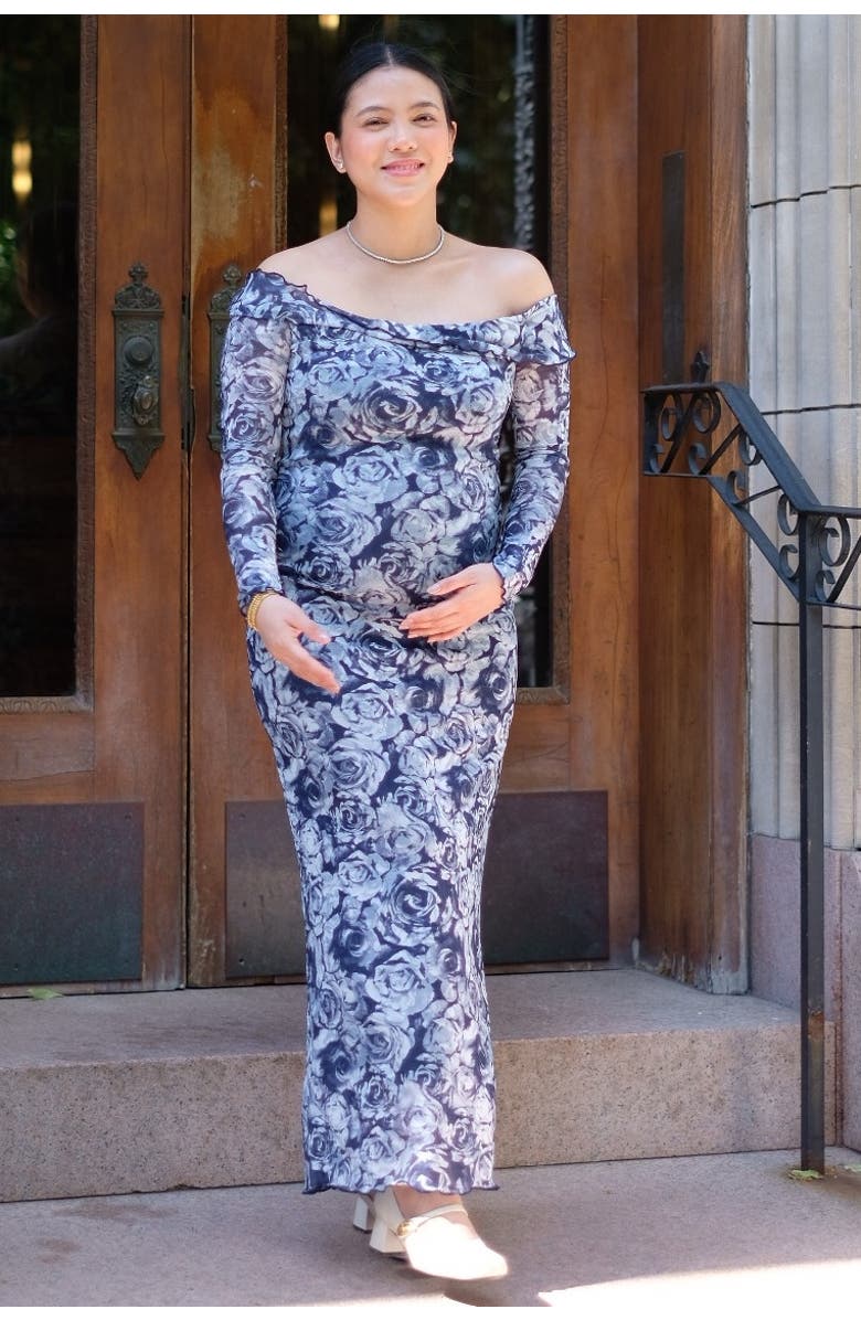 PinkBlush Floral Off Shoulder Mesh Knit Midi Dress, Alternate, color, Navy Blue