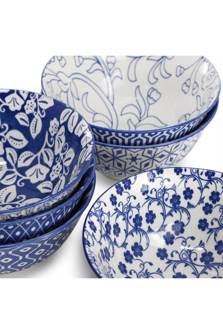 Moxy 6 Piece Assorted Design 20oz Porcelain Footed Bowl Set, Alternate, color, Blue