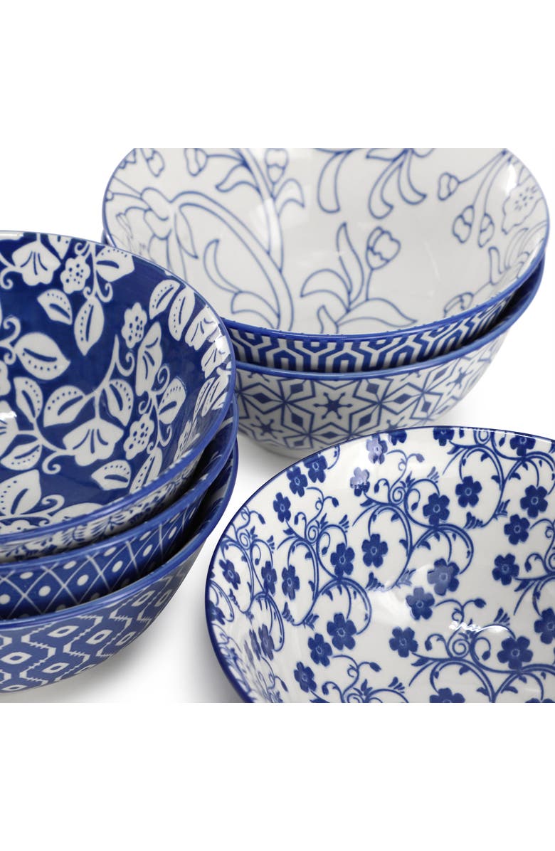 Elama Moxy 6 Piece Assorted Design 20oz Porcelain Footed Bowl Set, Alternate, color, Blue