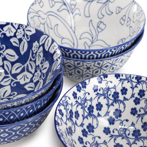 Elama Moxy 6 Piece Assorted Design 20oz Porcelain Footed Bowl Set In Blue