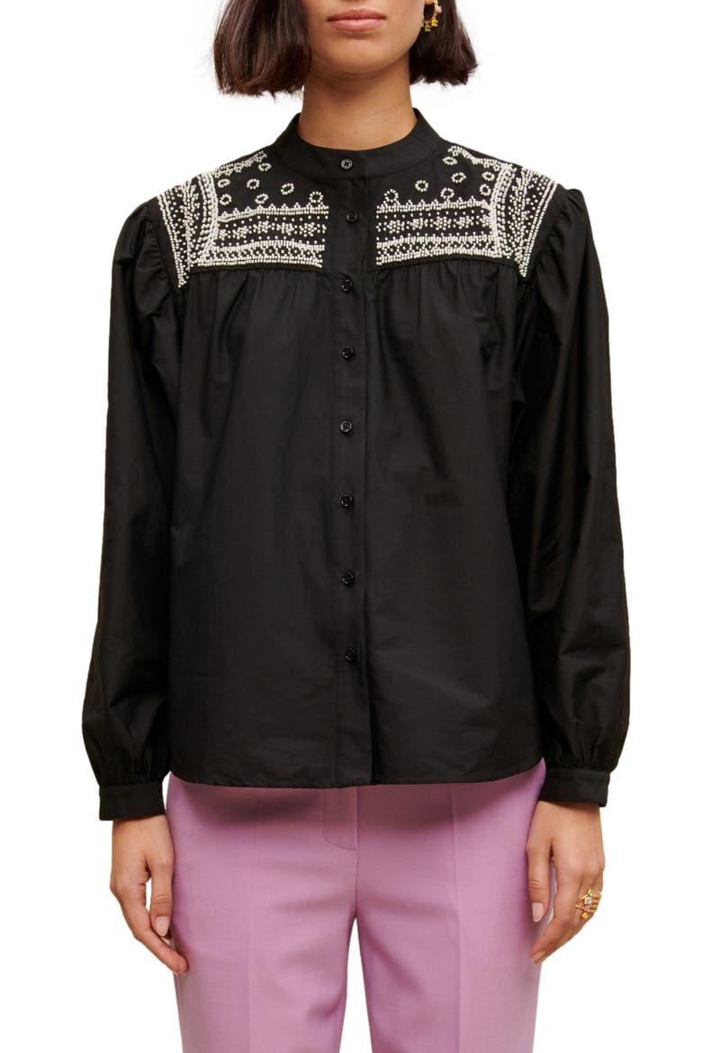 Cever Beaded Cotton Button-Up Shirt, Main, color, BLACK
