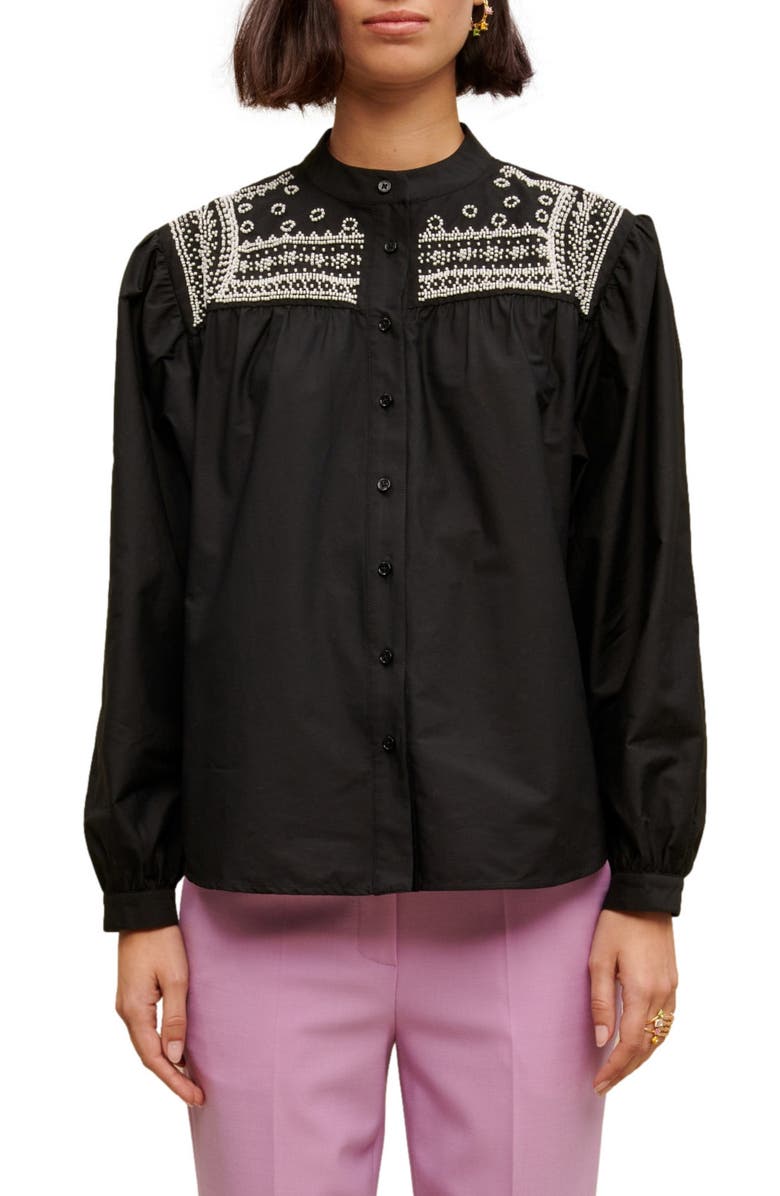 maje Cever Beaded Cotton Button-Up Shirt, Main, color, Black