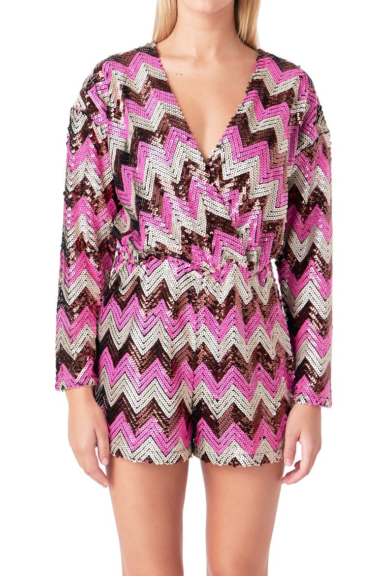 Chevron Sequin Long Sleeve Romper, Alternate, color, MULTI