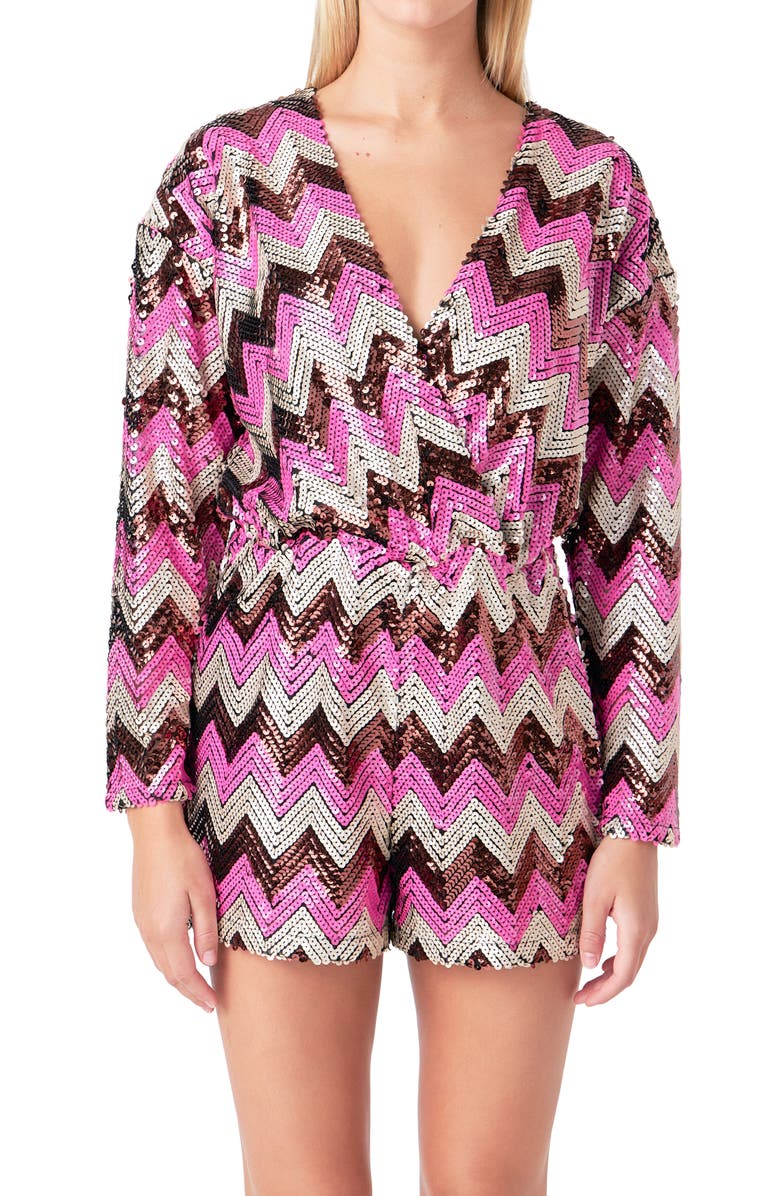 Endless Rose Chevron Sequin Long Sleeve Romper, Alternate, color, Multi