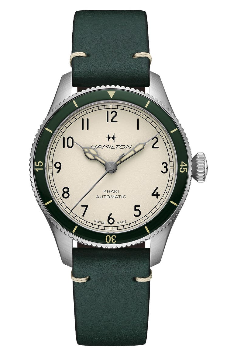 Khaki Aviation Leather Strap Watch, 38mm, Main, color, WHITE / GREEN