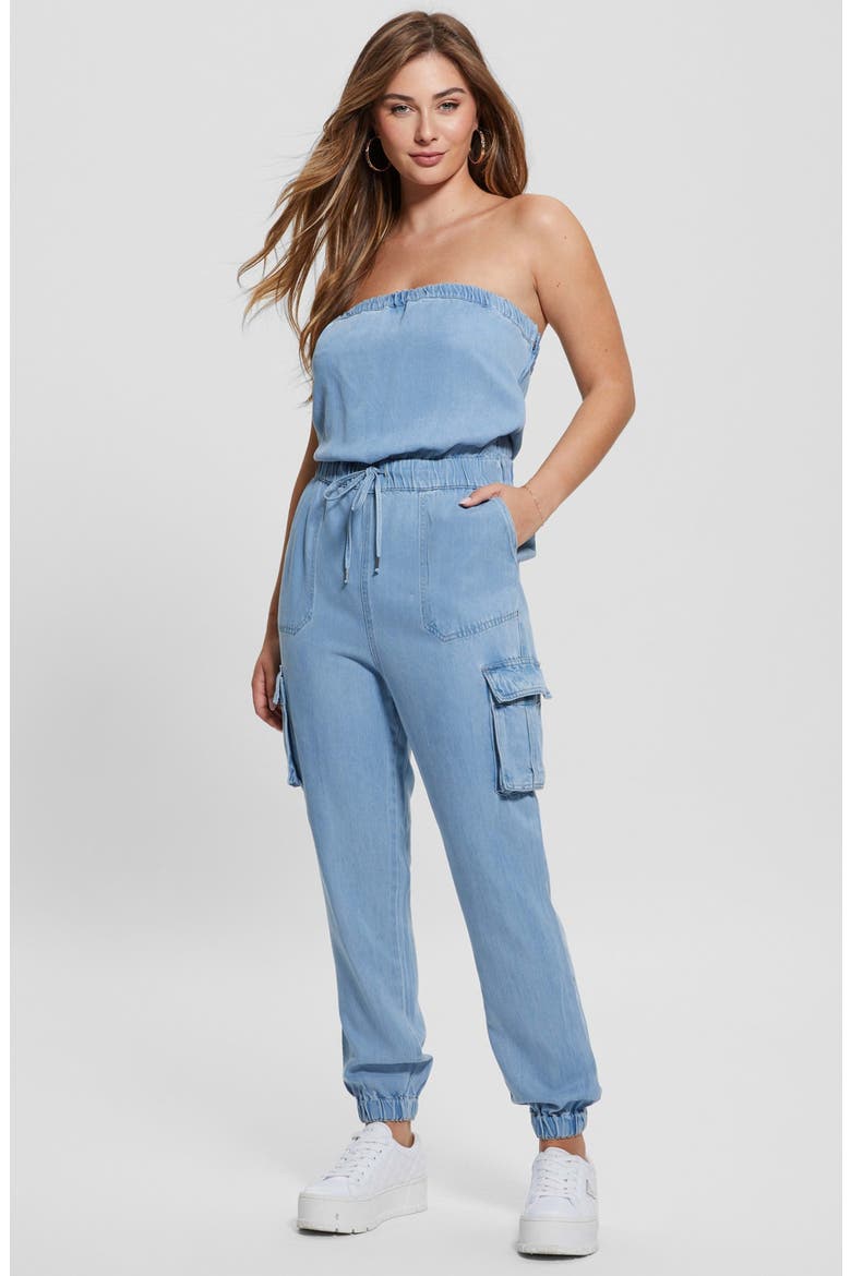 Lucia Strapless Denim Cargo Jumpsuit, Alternate, color, TAZI