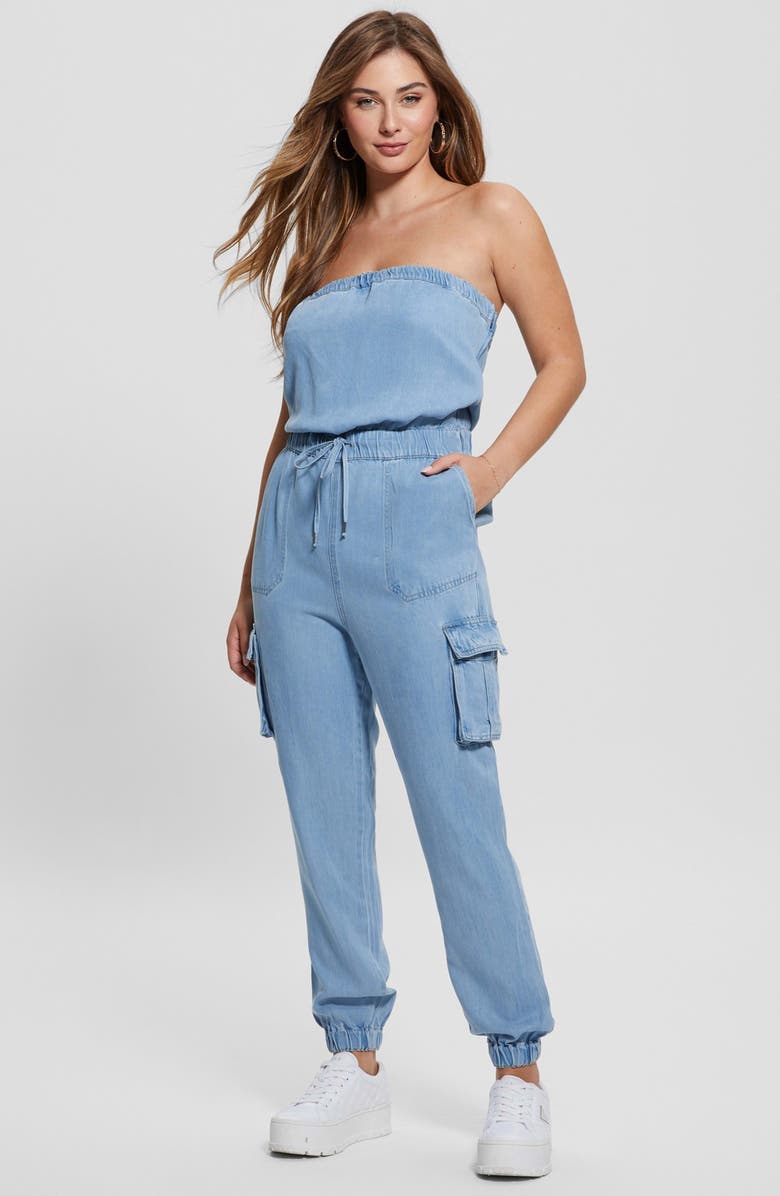 GUESS Lucia Strapless Denim Cargo Jumpsuit, Alternate, color,