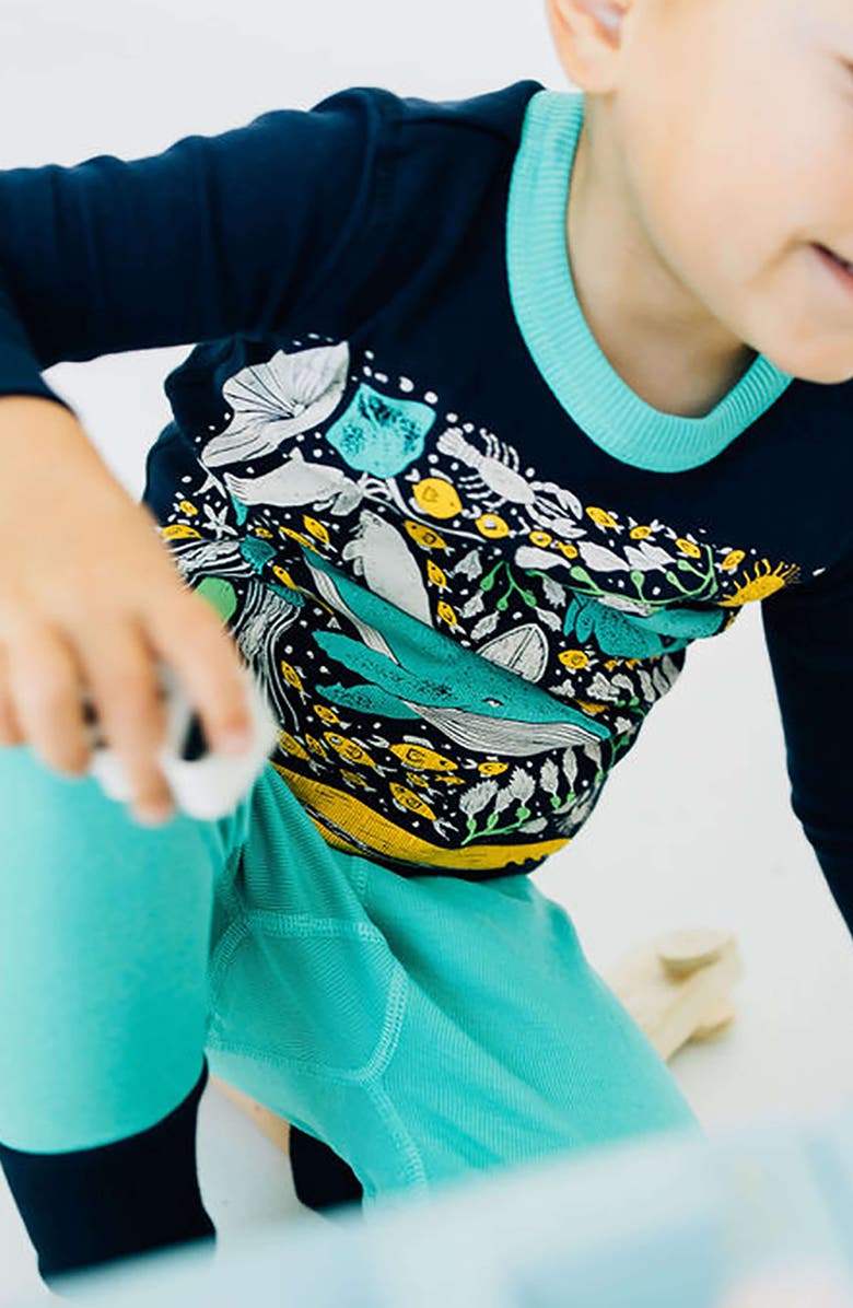 Mightly 100% Organic Cotton Print Long Sleeve Snug Fit Kids Pajamas, Alternate, color, Under The Sea