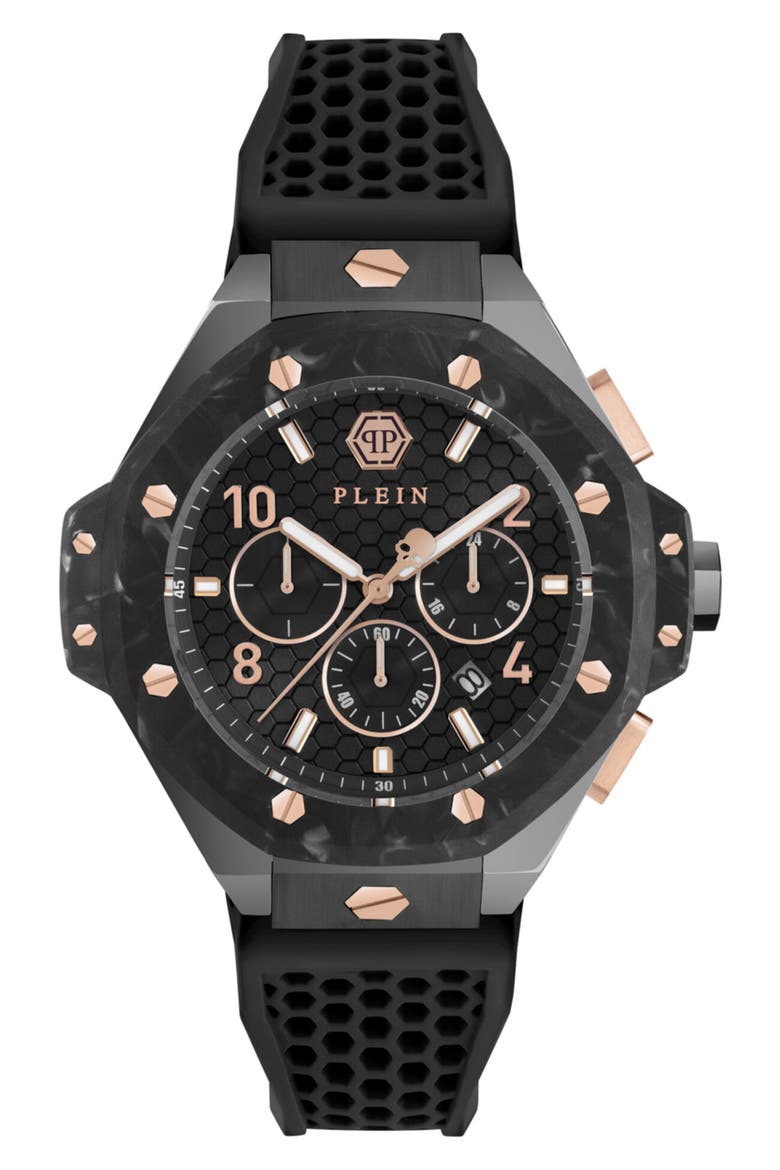 Chronograph Royal Quartz Silicone Strap Watch, 46mm, Main, color, BLACK