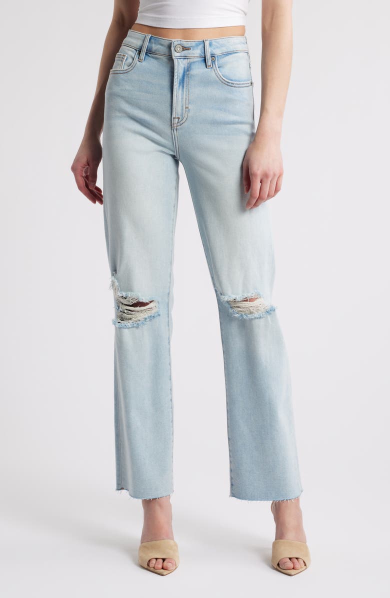 HIDDEN JEANS Distressed High Waist Raw Hem Wide Leg Jeans, Main, color, Light Wash