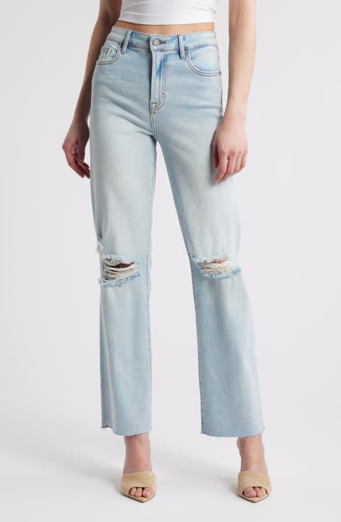 Distressed High Waist Raw Hem Wide Leg Jeans
