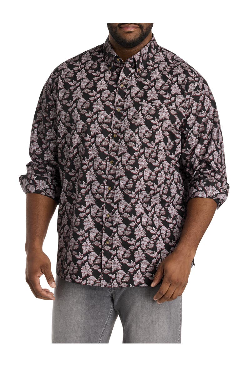 Big & Tall Easy-Care 3-D Floral Print Sport Shirt, Main, color, BLACK