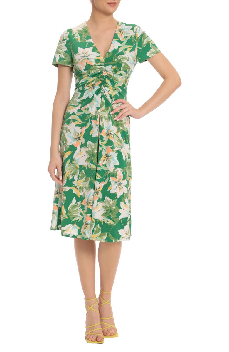 Maggy London Floral Short Sleeve Ruched Midi Dress, Main, color, 