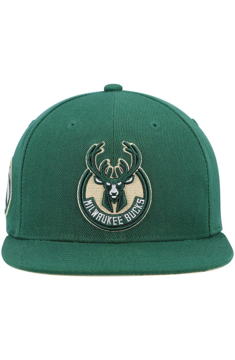 Mitchell & Ness Men's Mitchell & Ness Hunter Green Milwaukee Bucks Core Side Snapback Hat, Alternate, color,