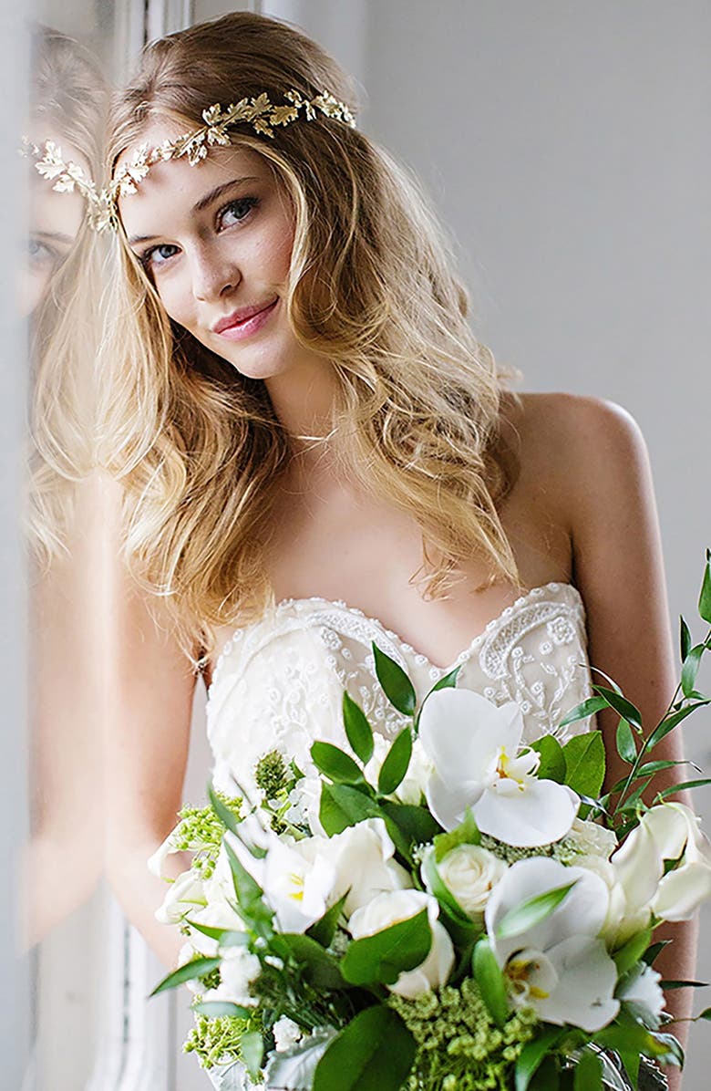 Brides & Hairpins Paula Grecian Leaf Halo & Sash, Main, color, 