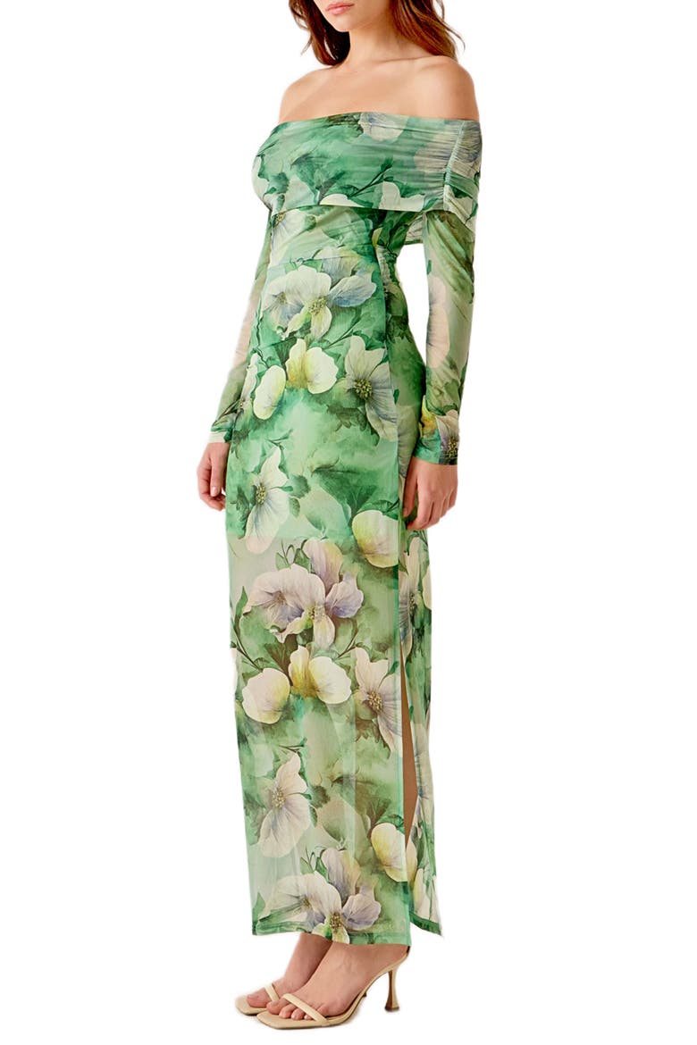 Long Sleeve Floral Mesh Off the Shoulder Maxi Dress, Alternate, color, GREEN MULTI