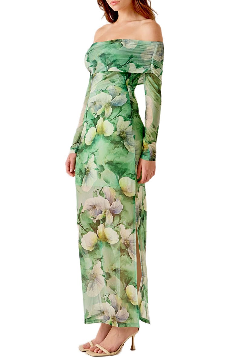 MARSY Long Sleeve Floral Mesh Off the Shoulder Maxi Dress, Alternate, color, Green Multi