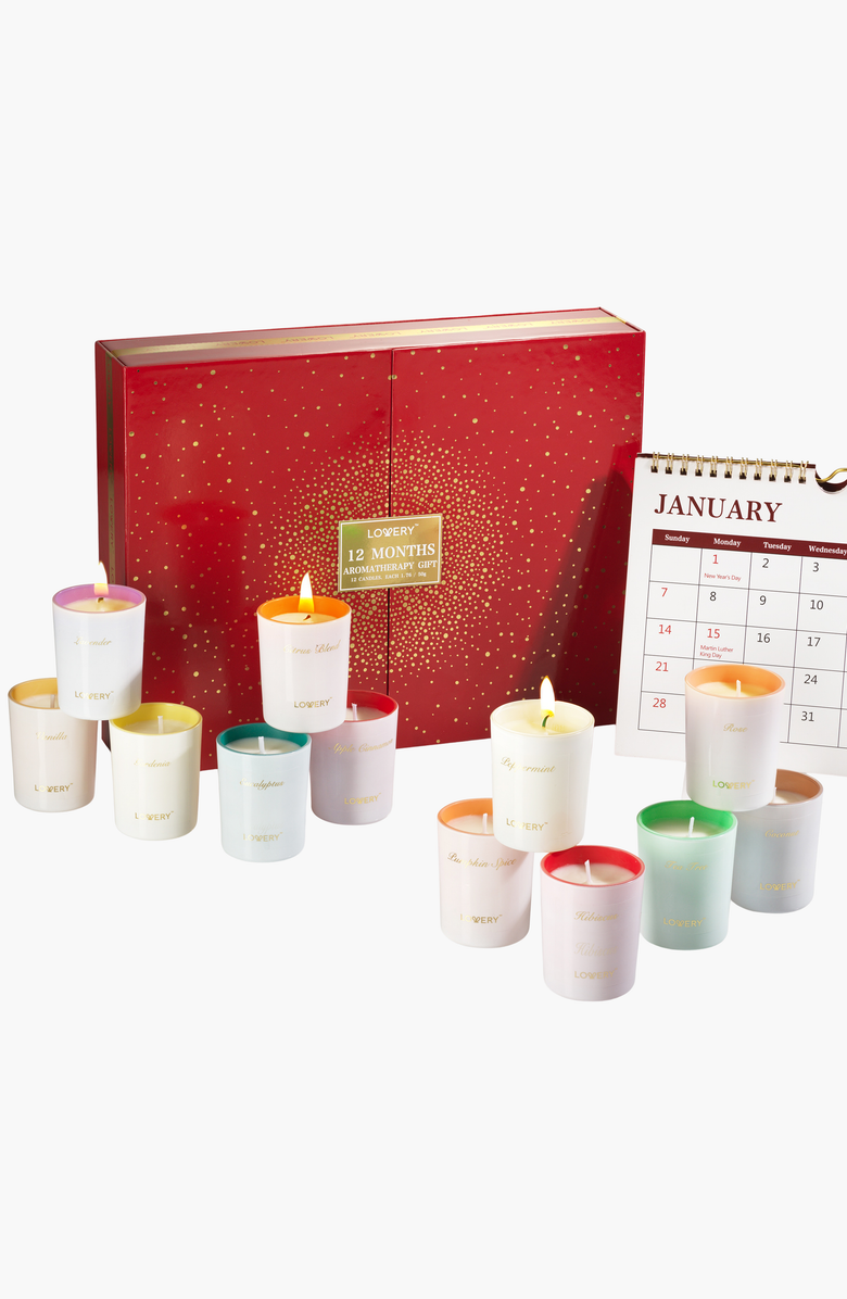 Lovery 15-Pc. Candle Gift Set with 12 Scented Home Candles, Calendar
Gold Pen, Main, color,