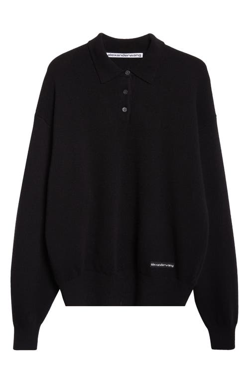 Alexander Wang Long Sleeve Wool Blend Polo Sweater With Logo Patch In Black