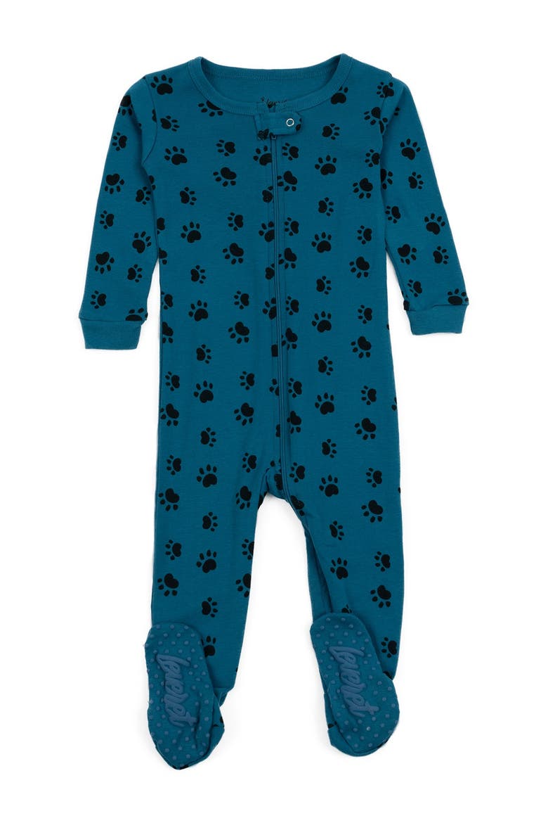 Paw Print Footed Pajamas, Main, color, BLUE
