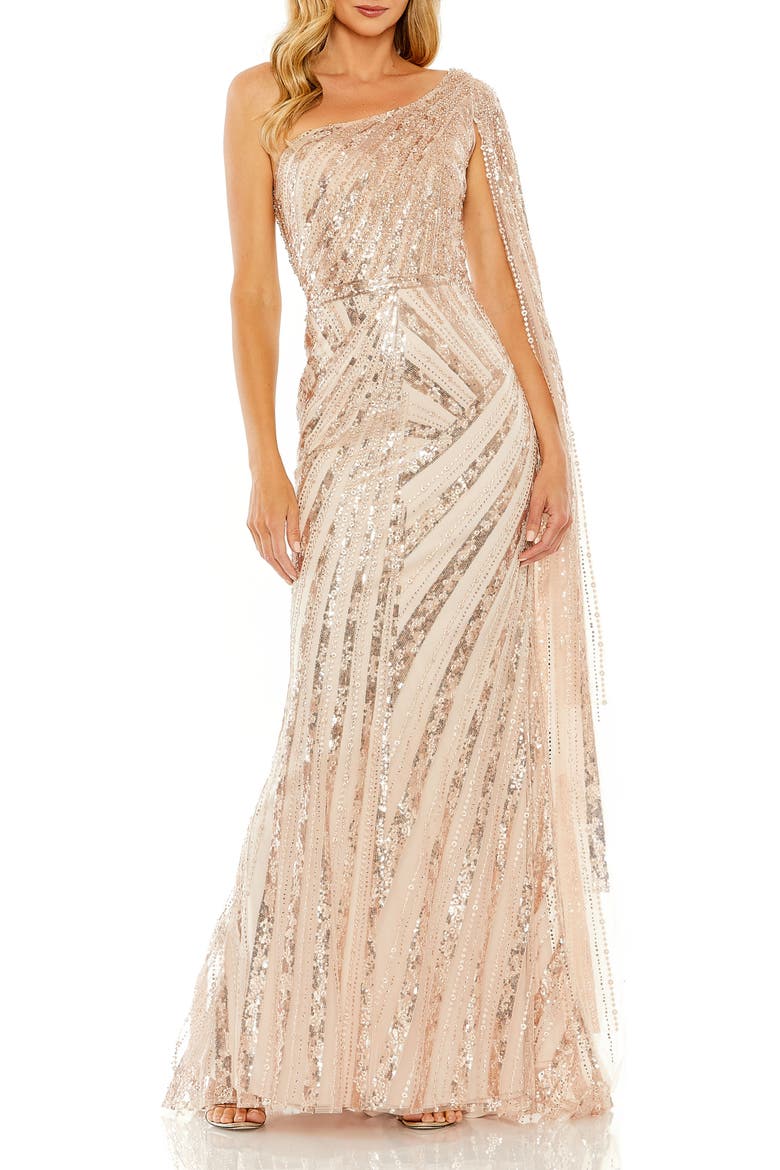Women's Sequin One-Shoulder Evening Gown with Sheer Cape Sleeve, Main, color, Rose Gold