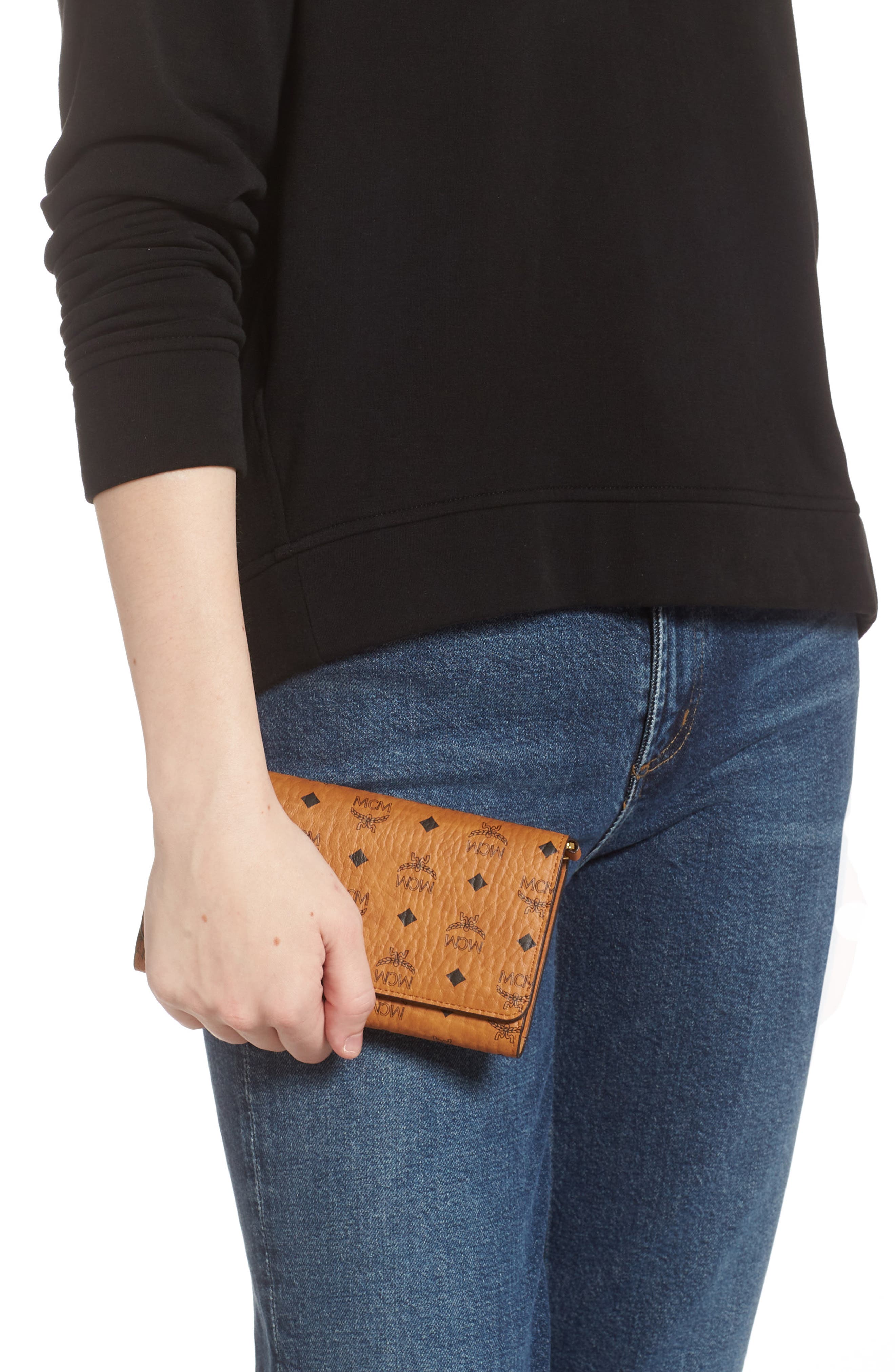 MCM Visetos Coated Canvas Crossbody Wallet, Alternate, color, Cognac