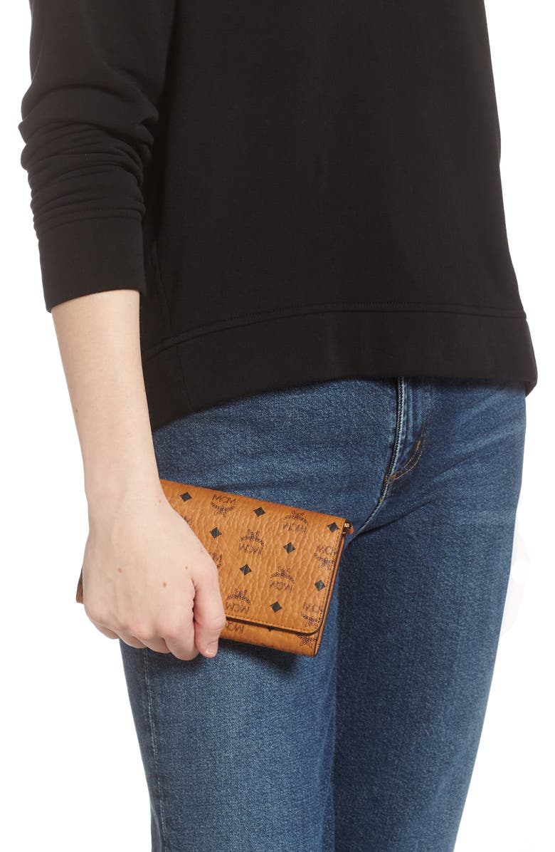MCM Visetos Coated Canvas Crossbody Wallet, Alternate, color, Cognac