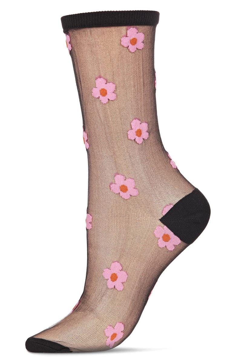 MeMoi Daisies Sheer Crew Socks, Main, color, Black