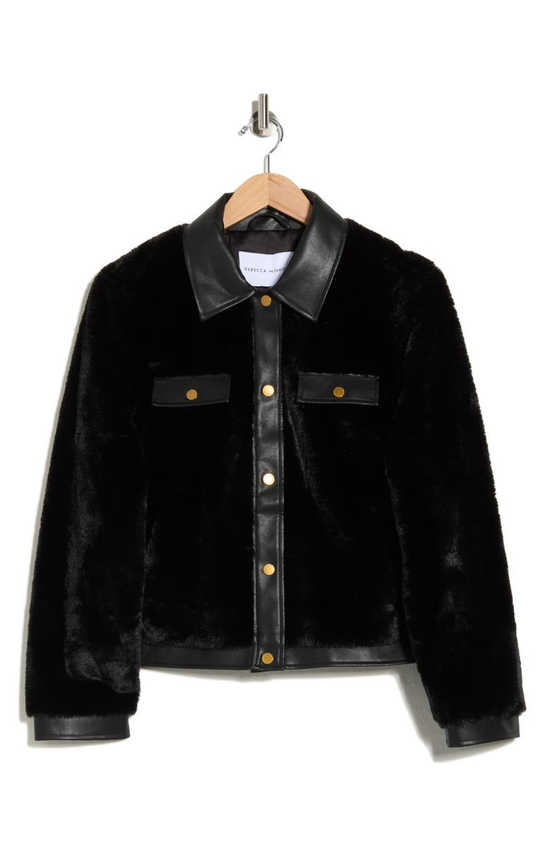 Rebecca Minkoff Faux Leather Trim Faux Fur Jacket, Alternate, color, Black