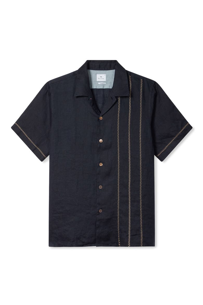 Embroidered Linen Camp Shirt, Main, color, VERY DARK NAVY
