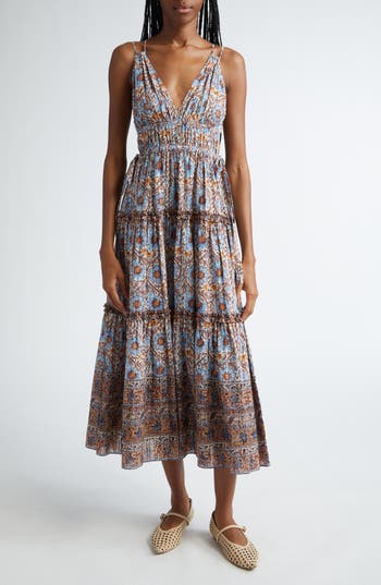 Ulla Johnson Rosa Mixed Print Tiered Cotton Blend Midi Dress In Caspias