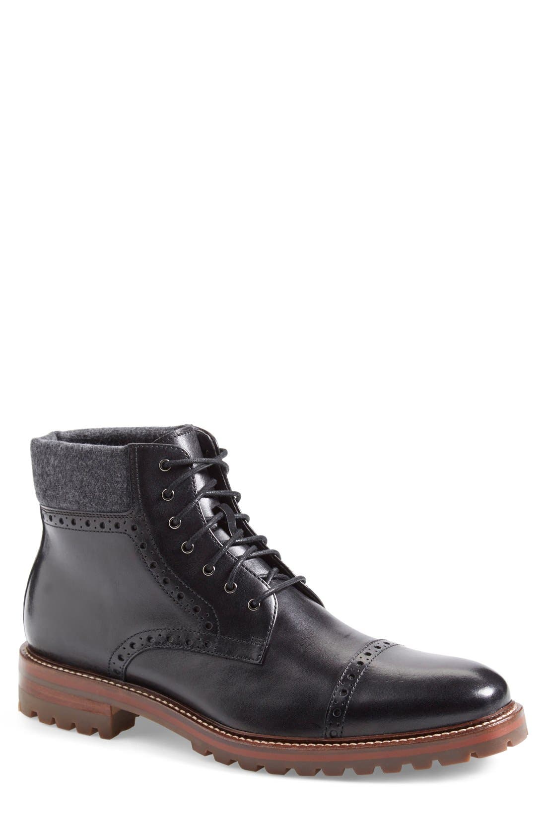 J&M 1850 'Karnes' Brogue Cap Toe Boot, Main, color, BLACK/ DARK GREY LEATHER