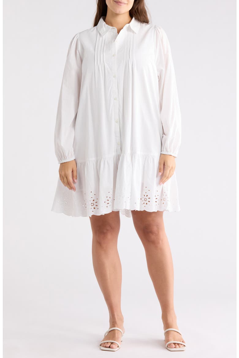Long Sleeve Poplin Eyelet Trim Dress, Main, color, WHITE BLANC