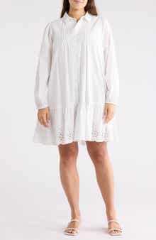 Melrose and Market Long Sleeve Poplin Eyelet Trim Dress