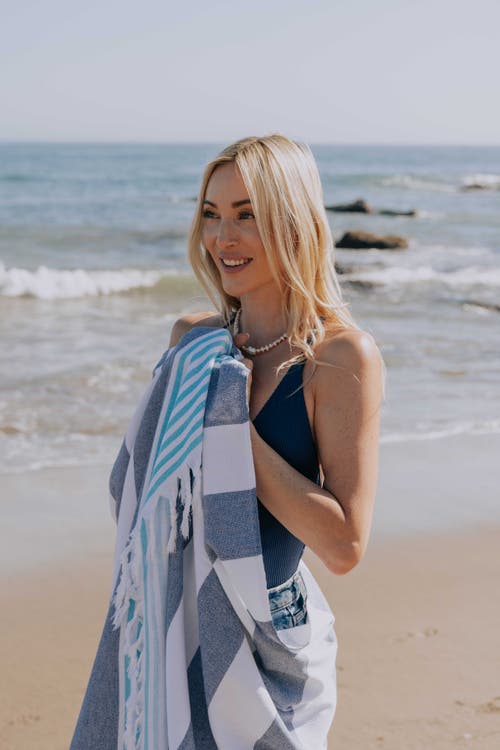 Infusezen Marine Striped Organic Turkish Towel With Soft Terry Cloth Lining