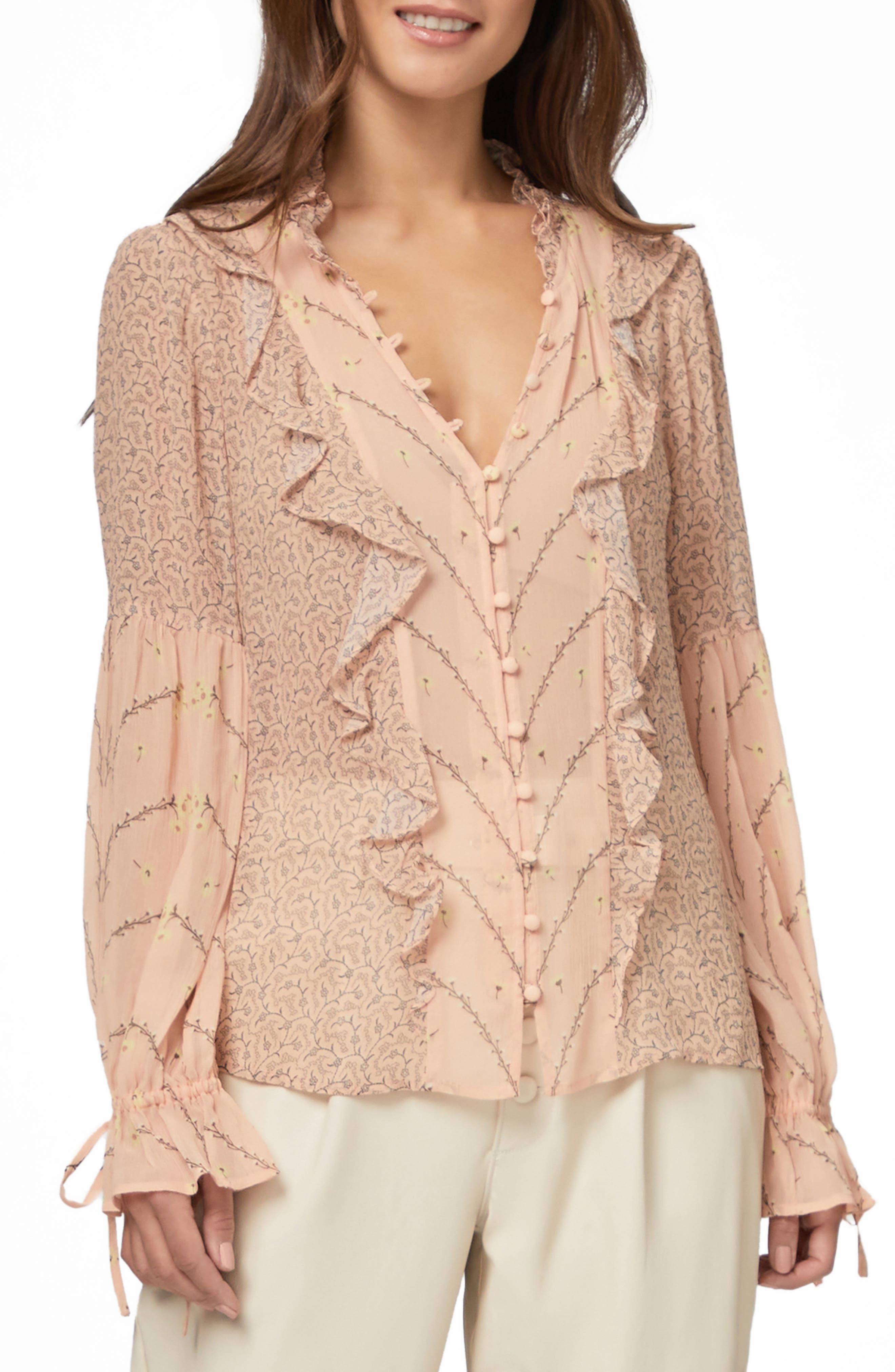 PAIGE Haiku Vine Print Ruffle Front Silk Blouse