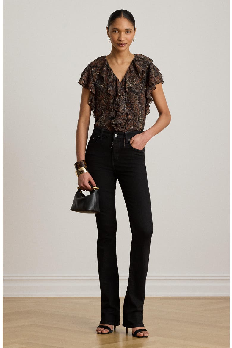 Paisley Ruffle Trim Georgette Top, Alternate, color, BLACK/ MULTI
