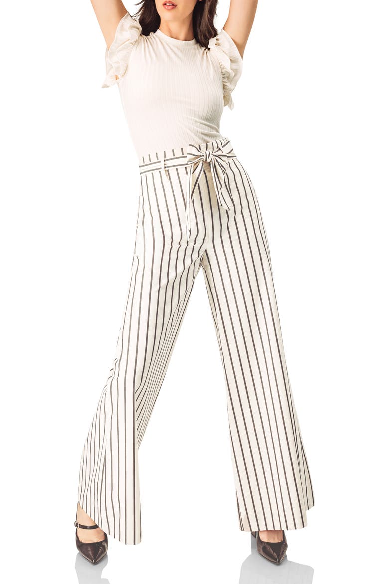 Striped Bow-Belted Wide-Leg Trousers, Alternate, color, Natural