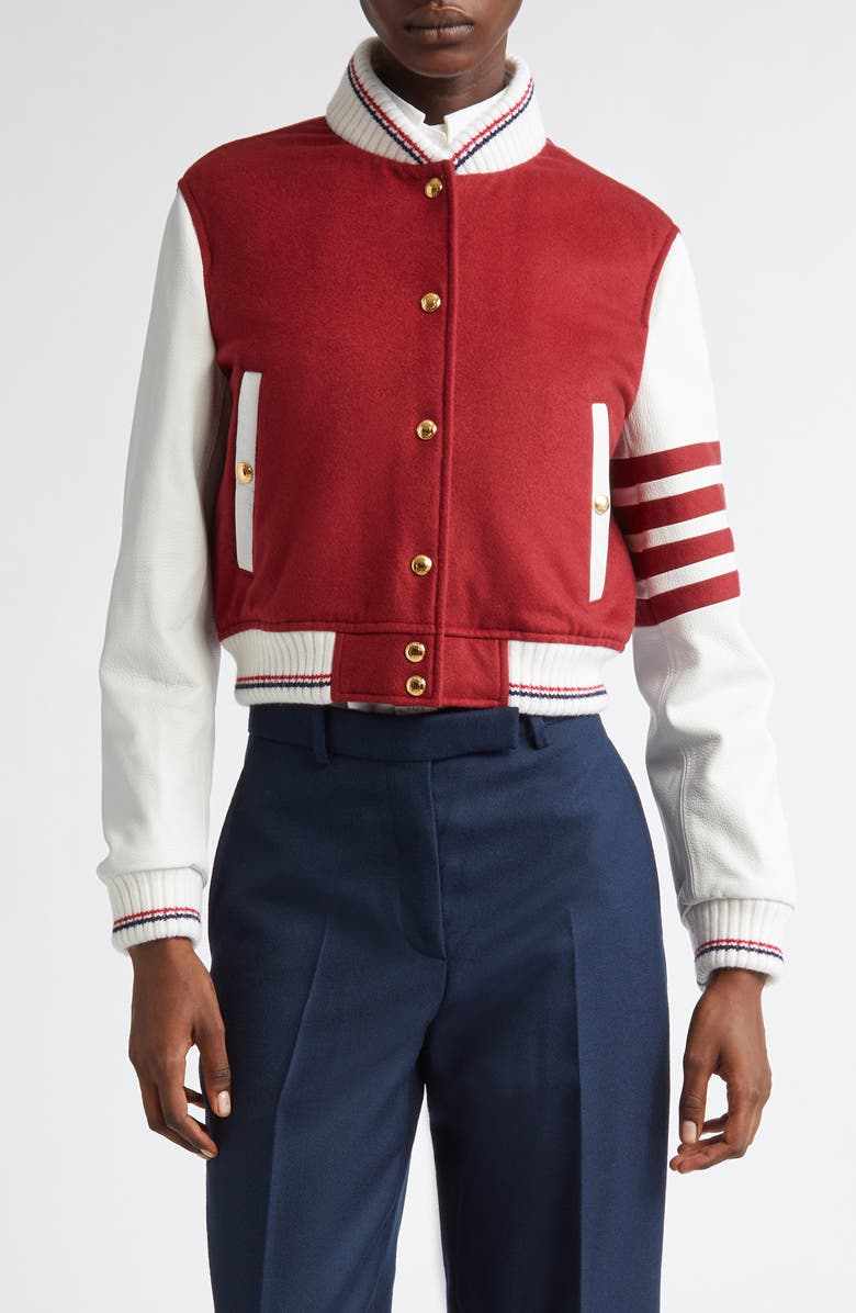 Thom Browne 4-Bar Crop Varsity Jacket, Main, color,