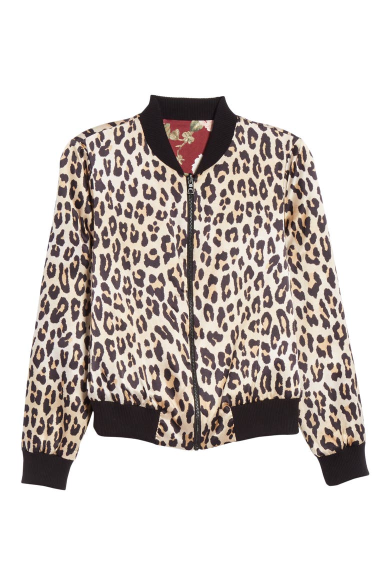 Lonnie Reversible Silk Bomber Jacket, Alternate, color, HAZY FLORAL WINE/ LEOPARD