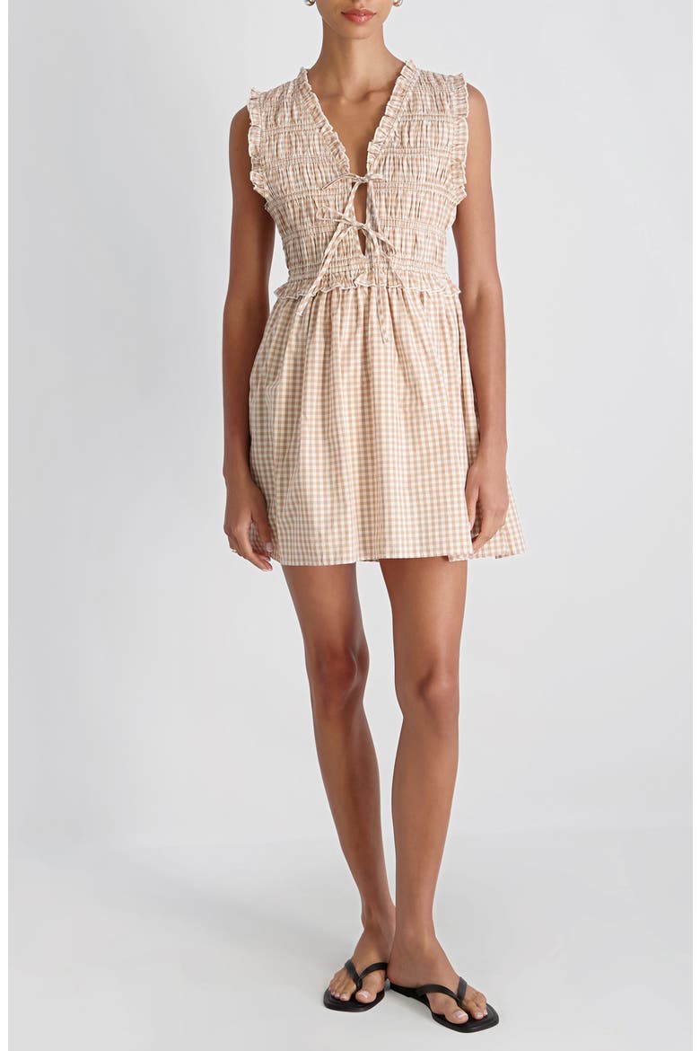 Rhodes Pop Gingham Ruffle Shirred Bodice Cotton Sundress, Main, color, PETIT GINGHAM ALMOND BEIGE