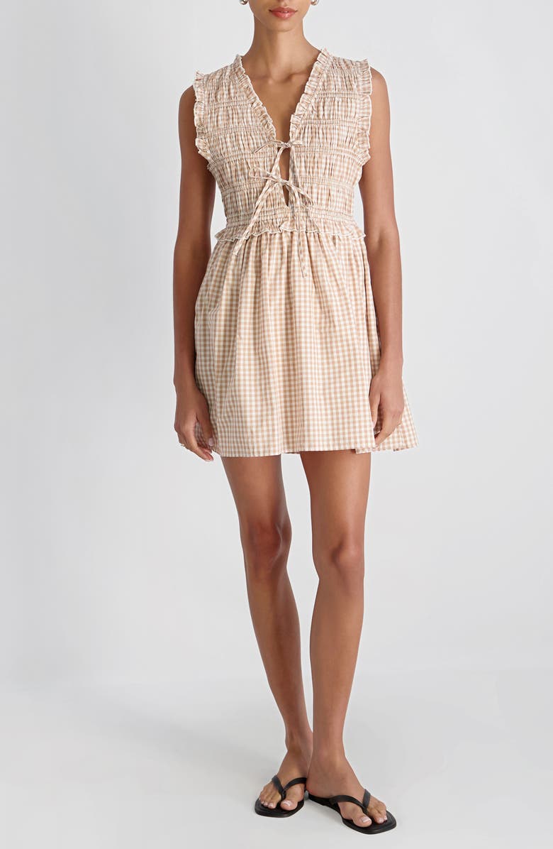 French Connection Rhodes Pop Gingham Ruffle Shirred Bodice Cotton Sundress, Main, color, Petit Gingham Almond Beige