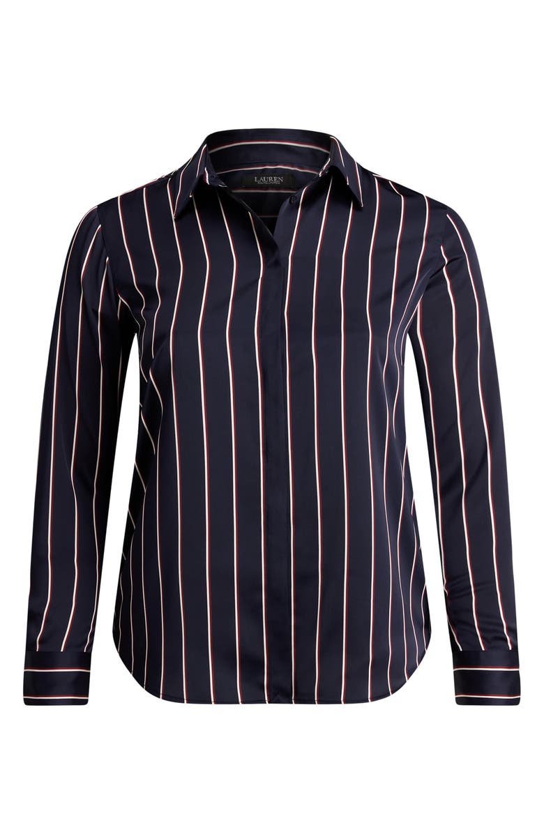 Lauren Ralph Lauren Classic Stripe Charmeuse Button-Up Shirt, Alternate, color, Navy/ Cream/ Garnet