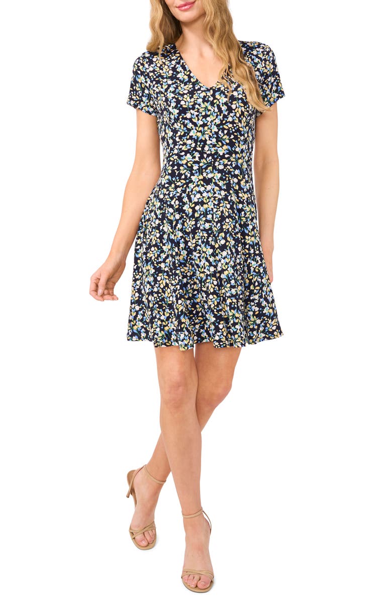 CeCe Floral V-Neck Princess Seam Dress, Main, color, 