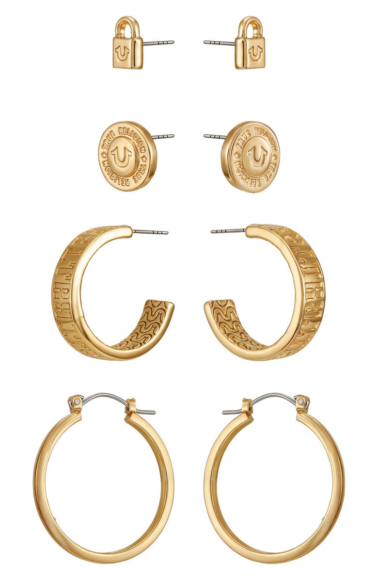 True Religion 4-Pack Assorted Stud & Hoop Earrings, Alternate, color, Gold Tone
