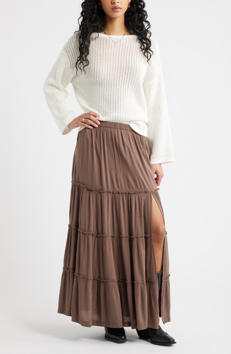 BP. Tiered Linen Blend Crinkled Gauze Maxi Skirt, Alternate, color, Brown Quartz