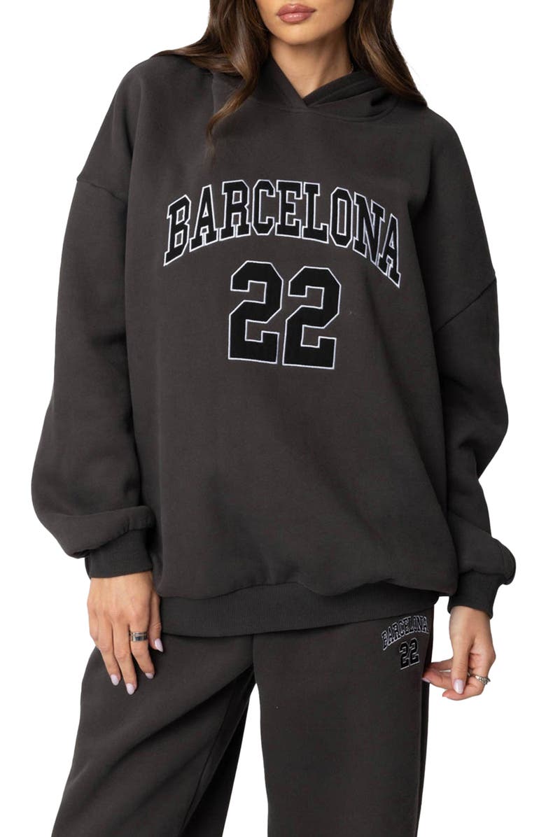 EDIKTED Barcelona Oversize Graphic Hoodie, Main, color, Dark-Gray
