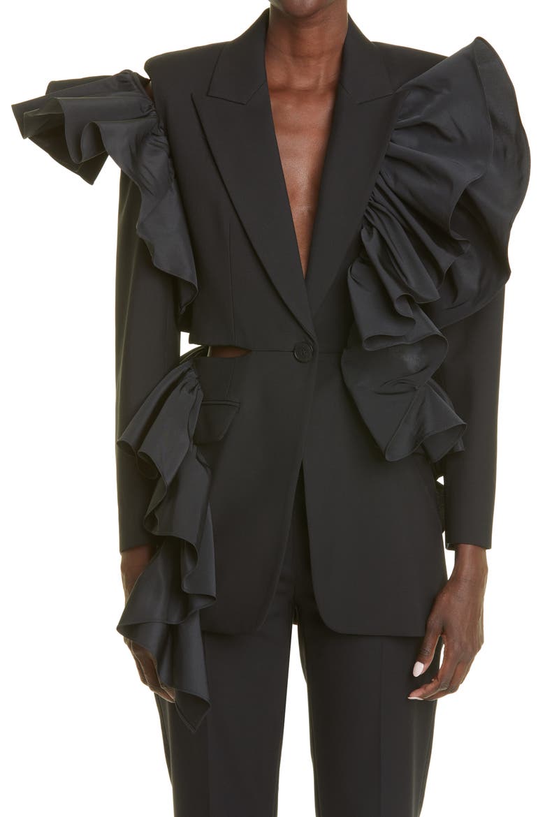 Alexander McQueen Open Back Ruffle Blazer, Main, color, BLACK