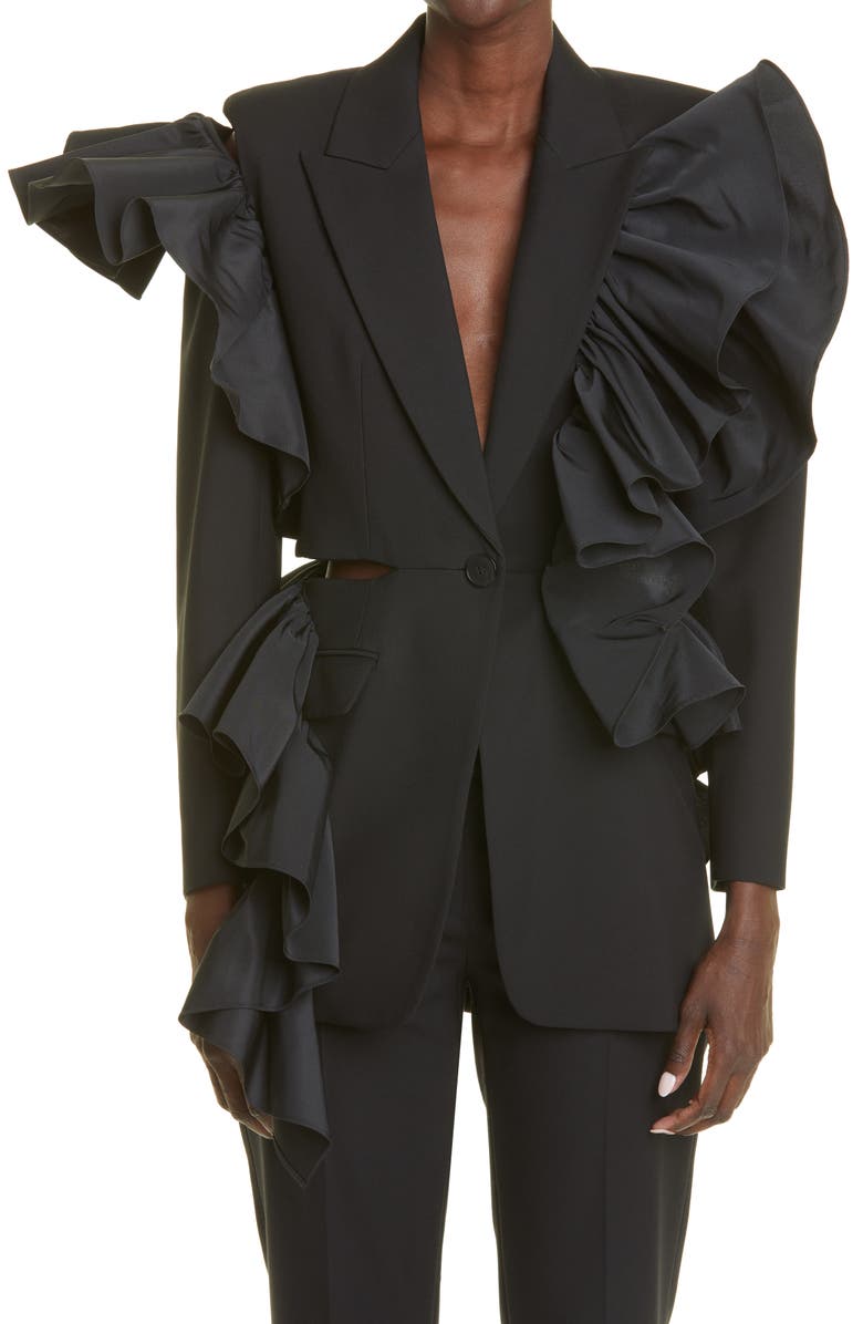 McQueen Alexander McQueen Open Back Ruffle Blazer, Main, color, 